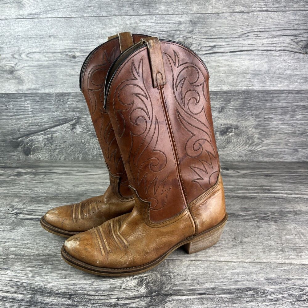 Men’s Western Cowboy Boots Size 9D Two Tone Round Toe Vintage Leather USA